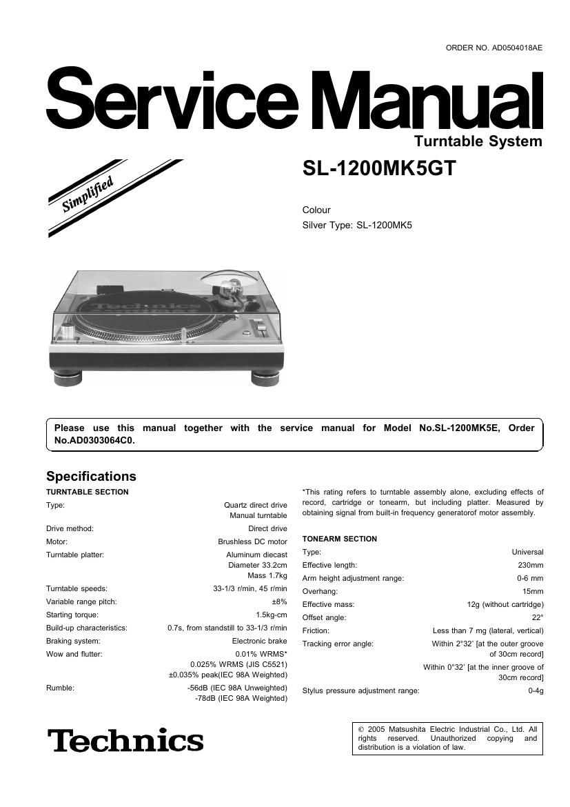 Technics SL 1200 MK 5 GT Service Manual