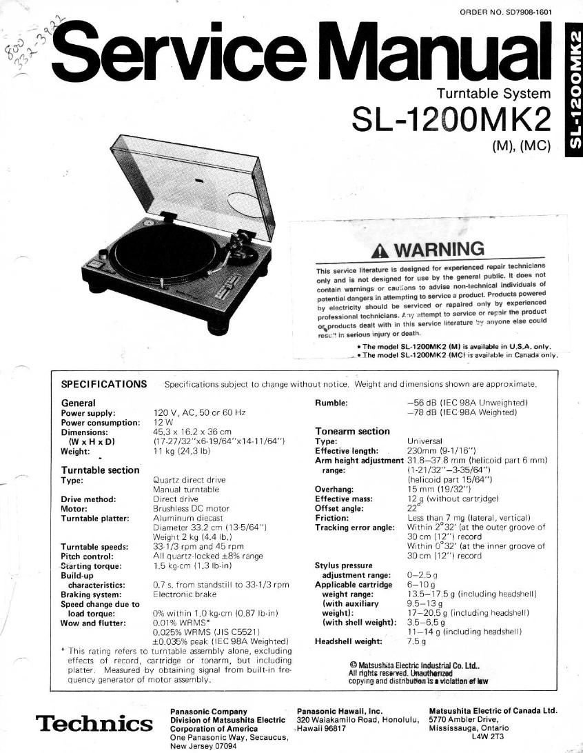 Technics SL 1200 Mk2 Service Manual