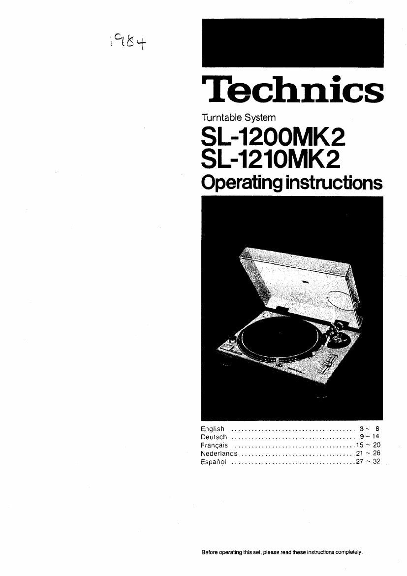 Technics SL 1210 Mk2 Owners Manual