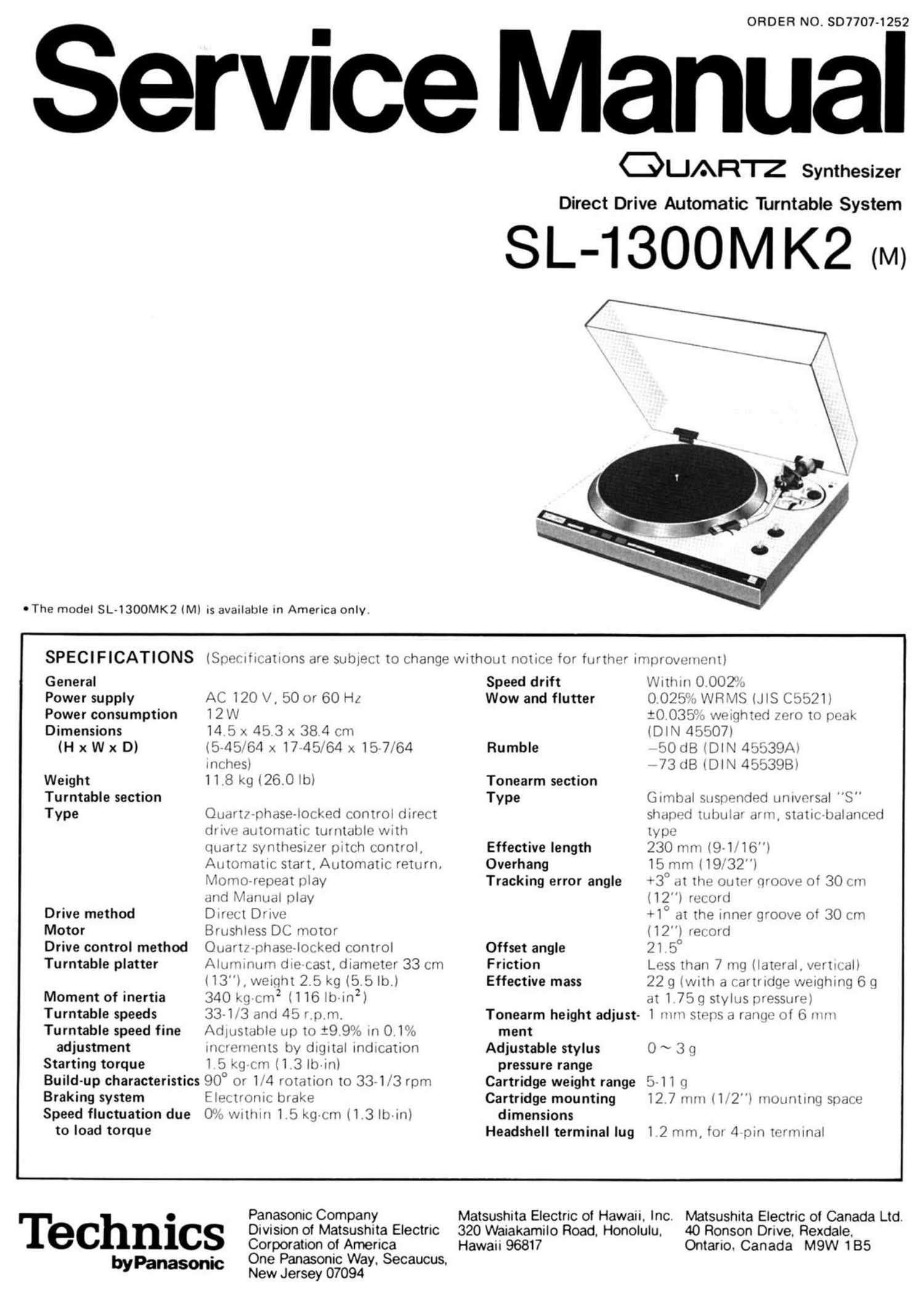 Technics SL 1300 Mk2 Service Manual