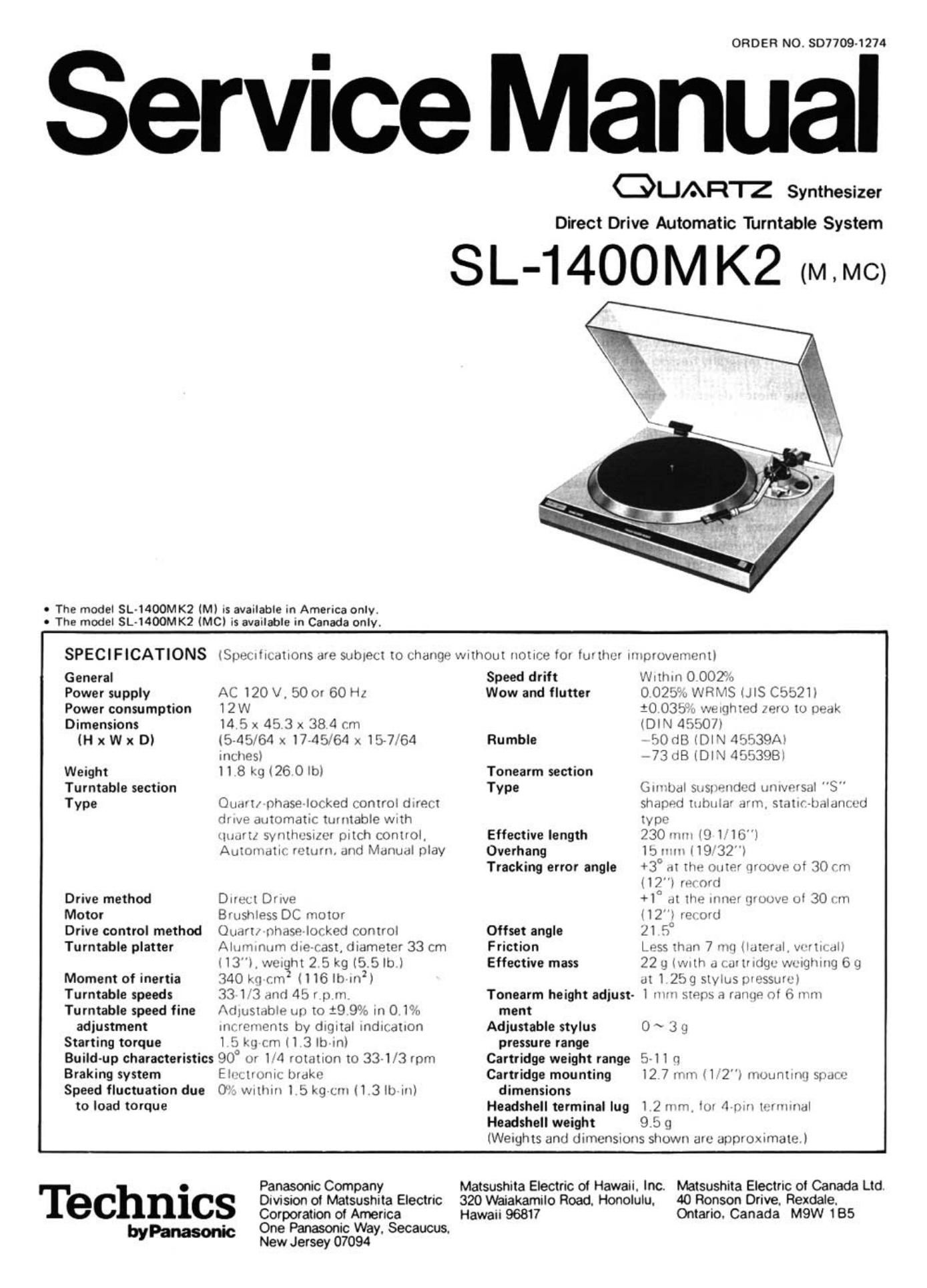 Technics SL 1400 Mk2 Service Manual