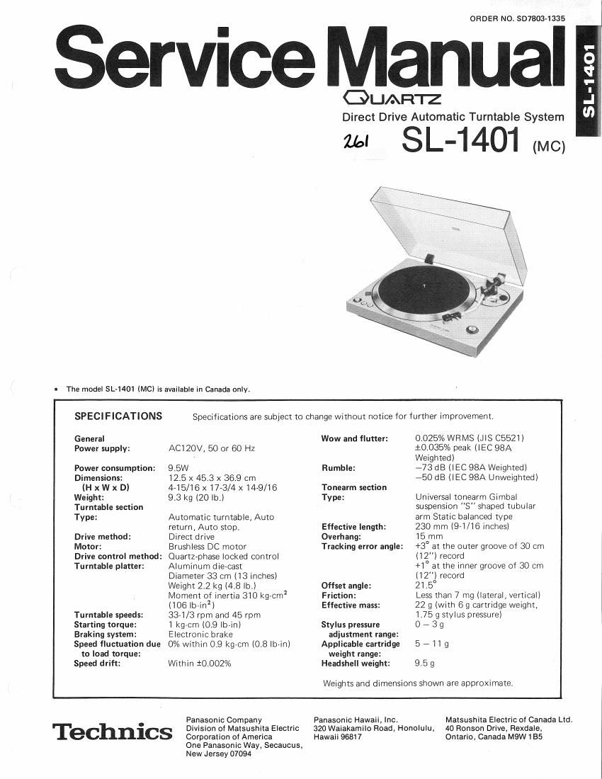 Technics SL 1401 Service Manual