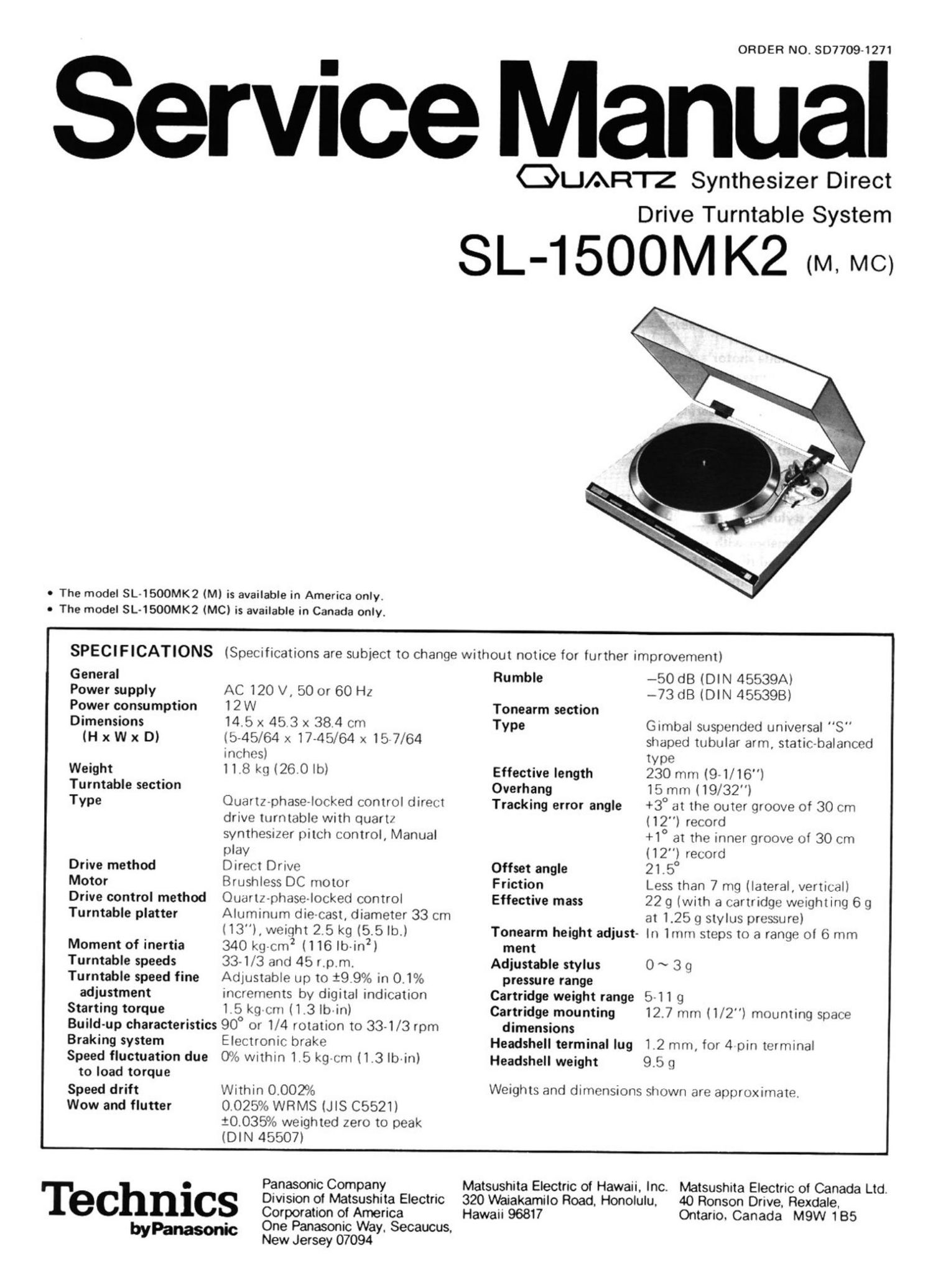 Technics SL 1500 Mk2 Service Manual