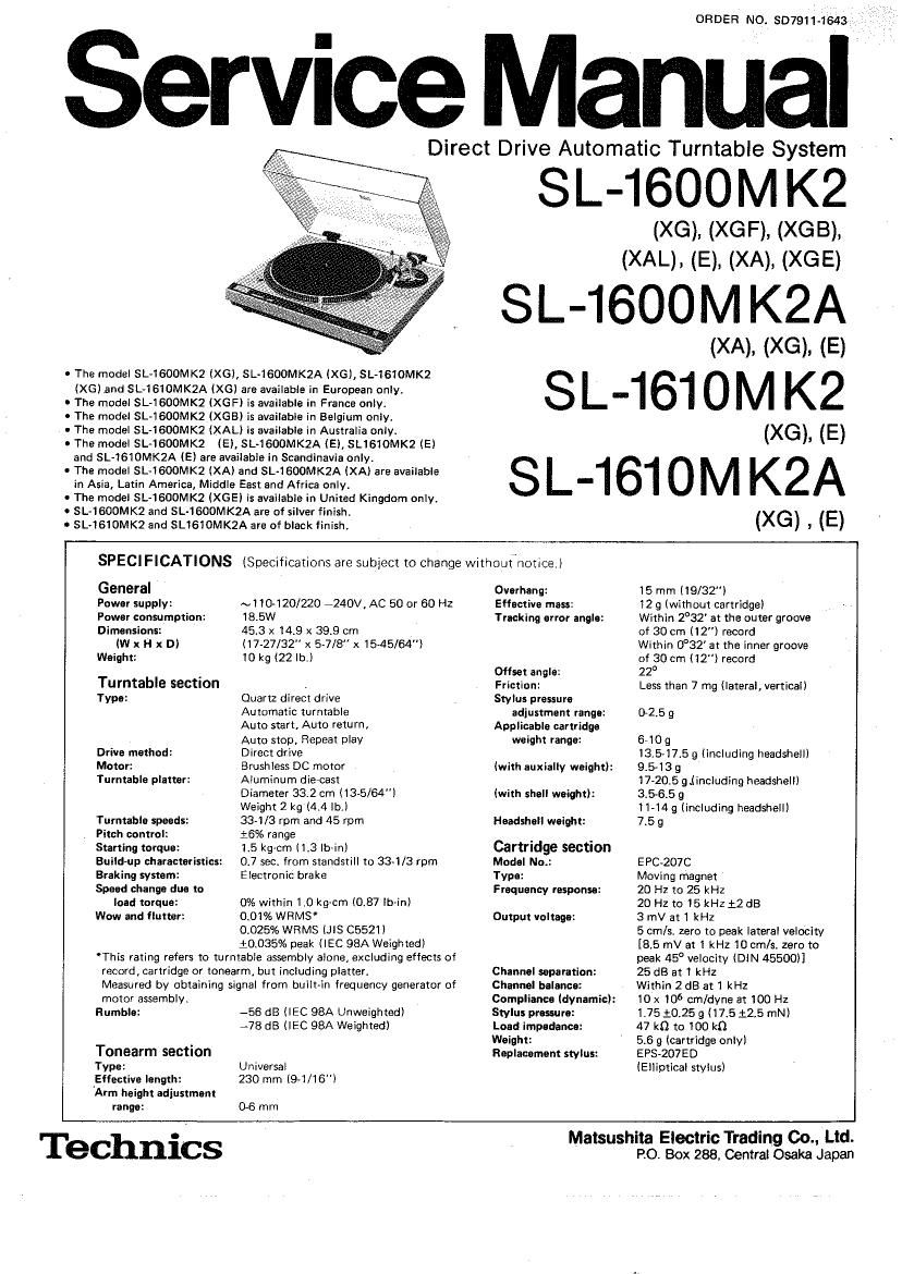 Technics SL 1600 Mk2 Service Manual