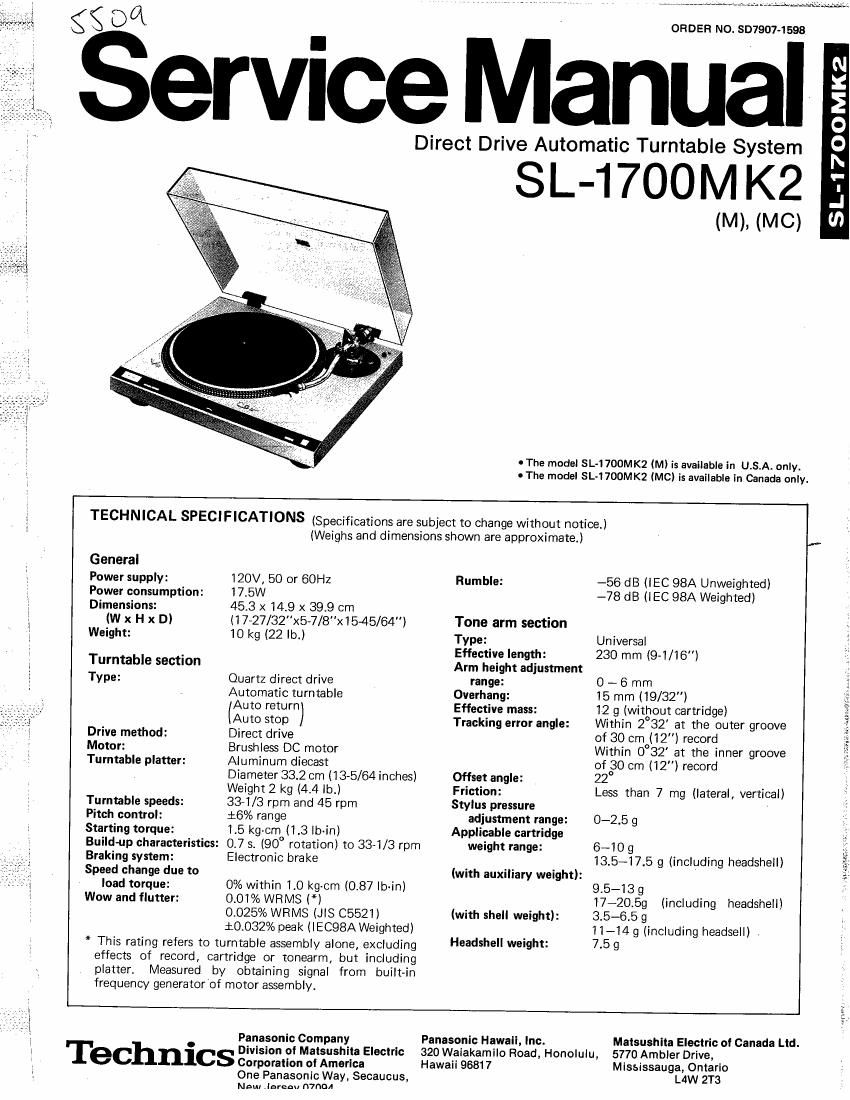 Technics SL 1700 MK2 Service Manual