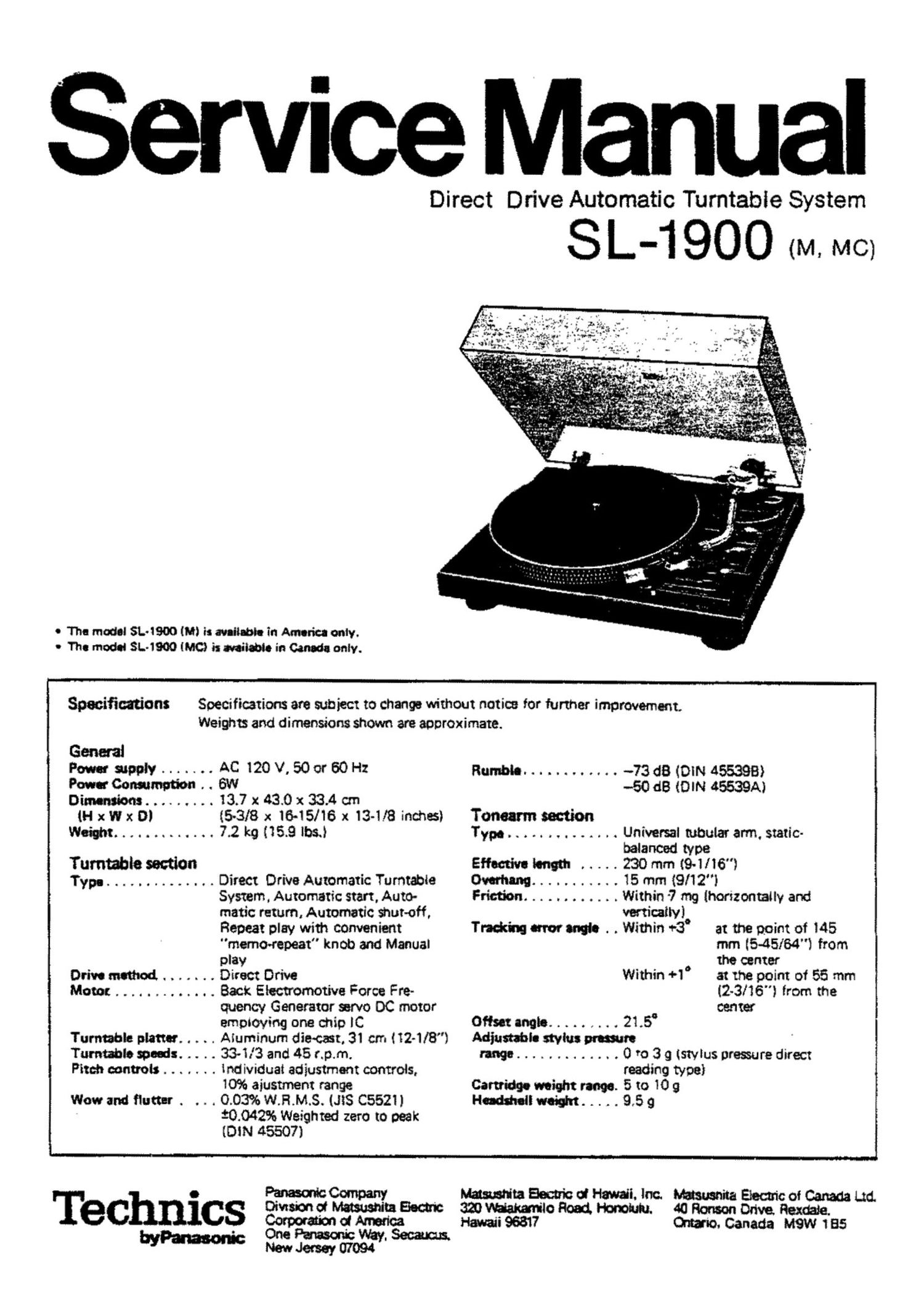Technics SL 1900 Service Manual