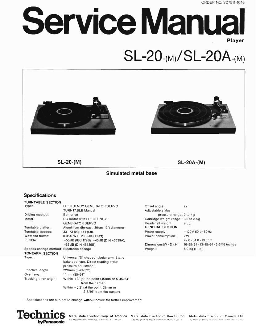 Technics SL 20 A Service Manual