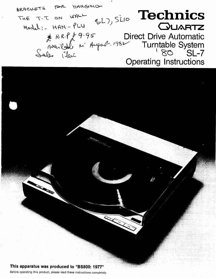 Technics SL 7 Owners Manual