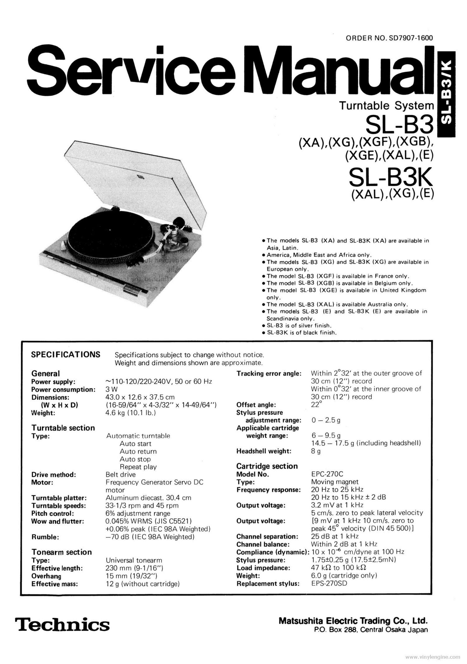 Technics Turntable System SL-B3 Operating Instruction USER MANUAL 