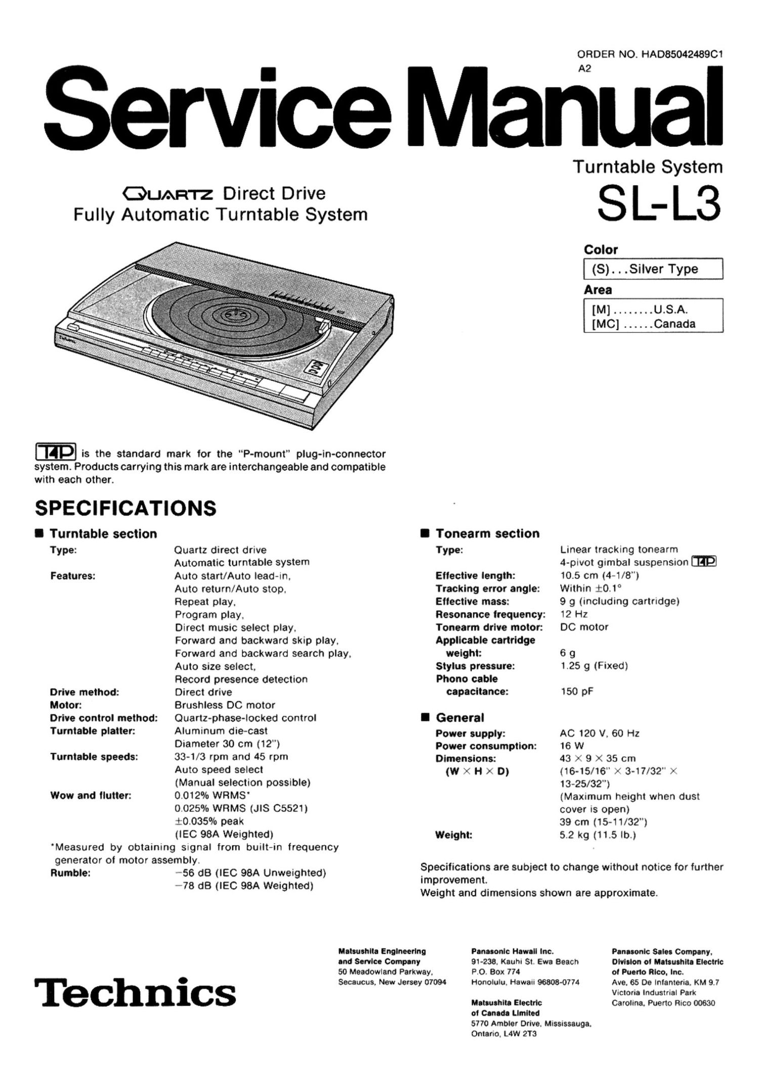 Technics SLL 3 Service Manual