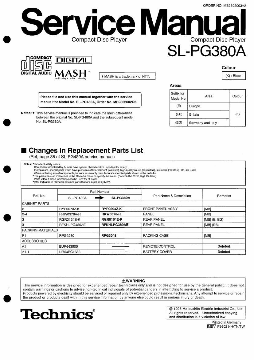 Technics SLPG 380 A Service Manual