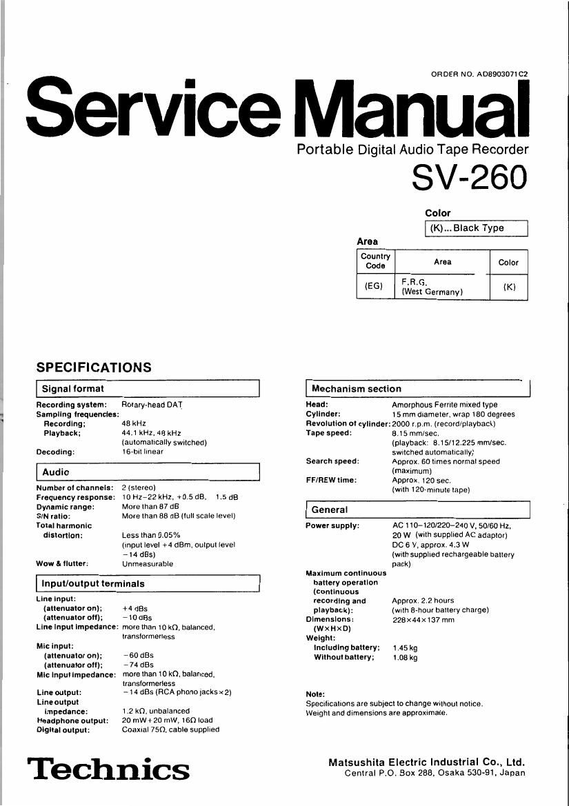 Technics SV 260 Service Manual