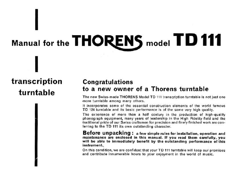 thorens td 111 owners manual