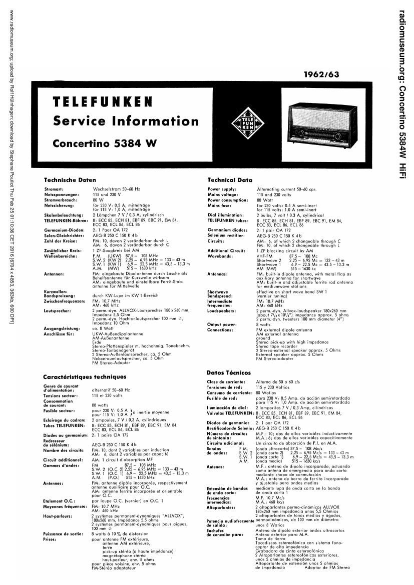 Telefunken Concertino 5384W Service Info