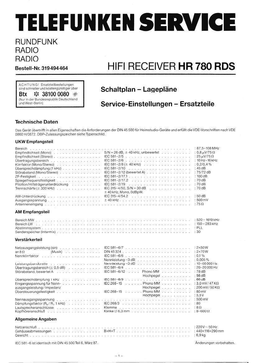 Telefunken HR 780 RDS Service Manual