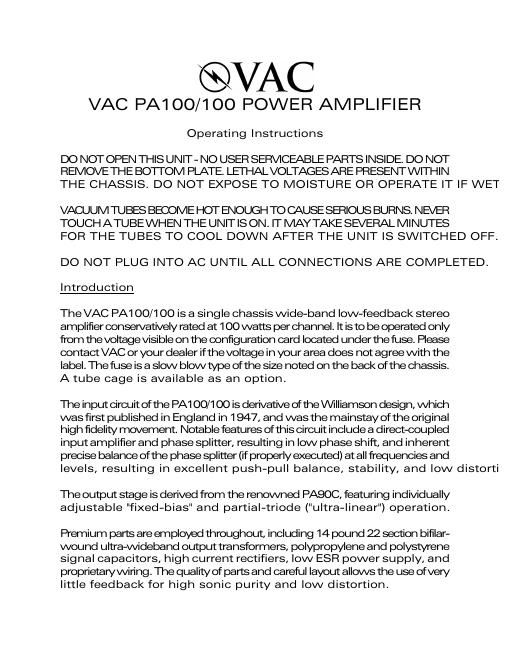 vac pa 100100 owners manual