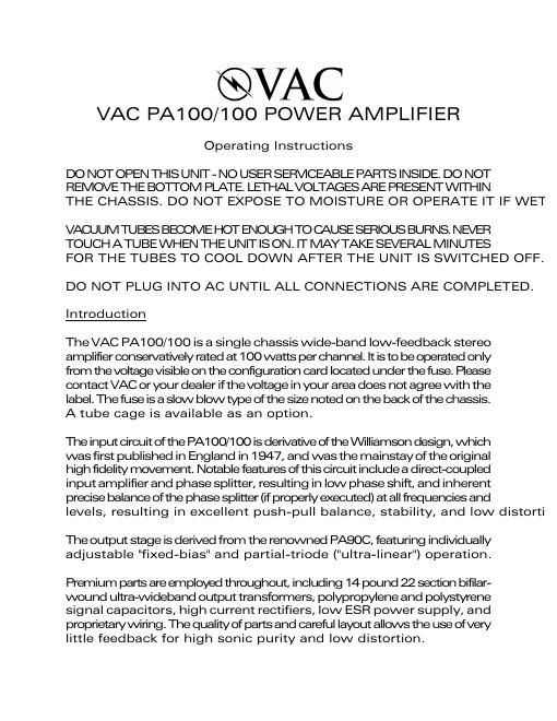 vac pa 100100 owners manual