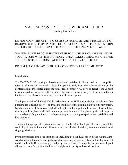 vac pa 3535 owners manual