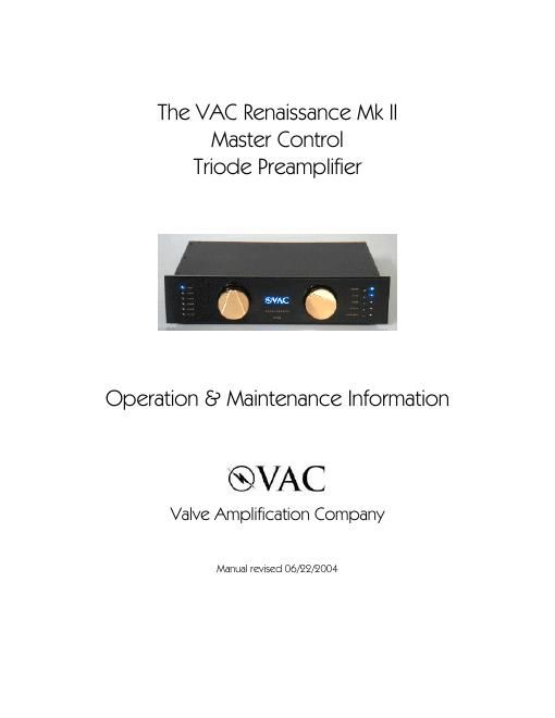 vac renaissance pre mk2 owners manual