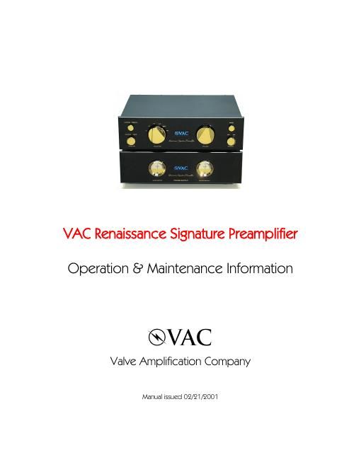 vac renaissance signature pre mk1 owners manual