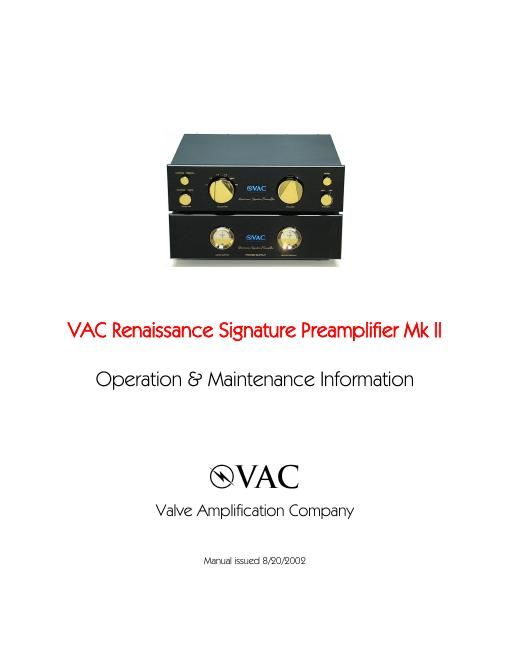 vac renaissance signature pre mk2 owners manual