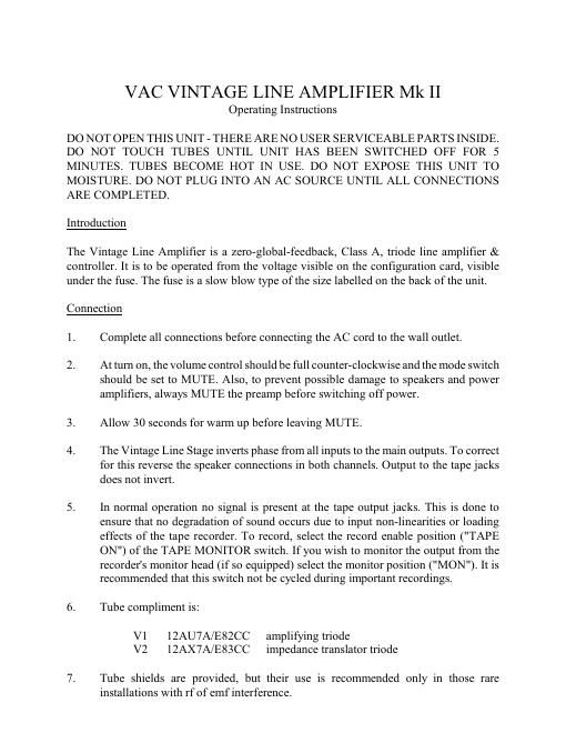 vac vintage line stage mk2 owners manual