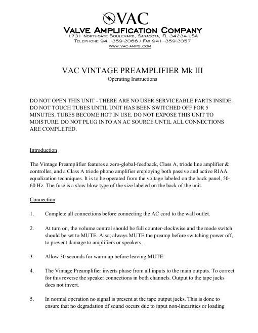 vac vintage preamplifier mk2 owners manual