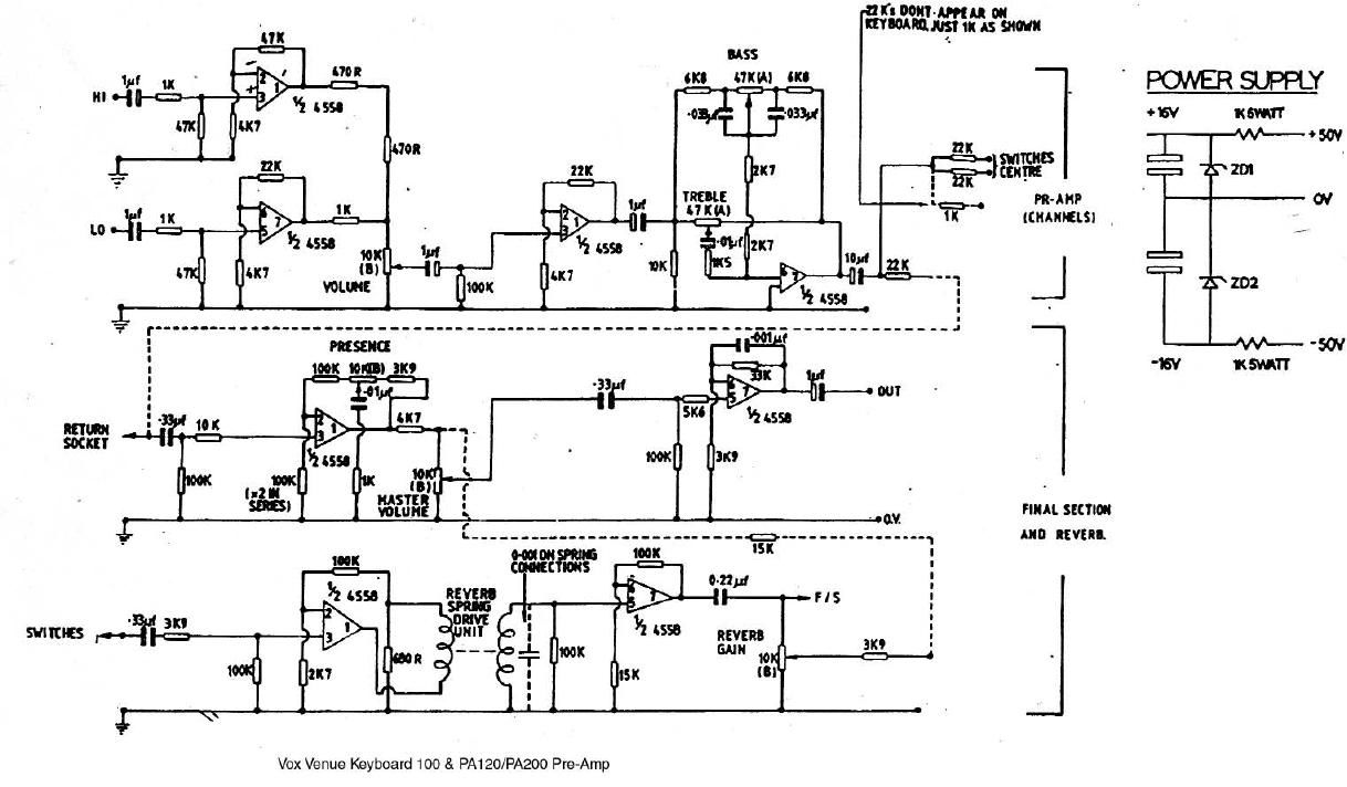 vox venue keyboard pa 100 preamp 120 200 schematic