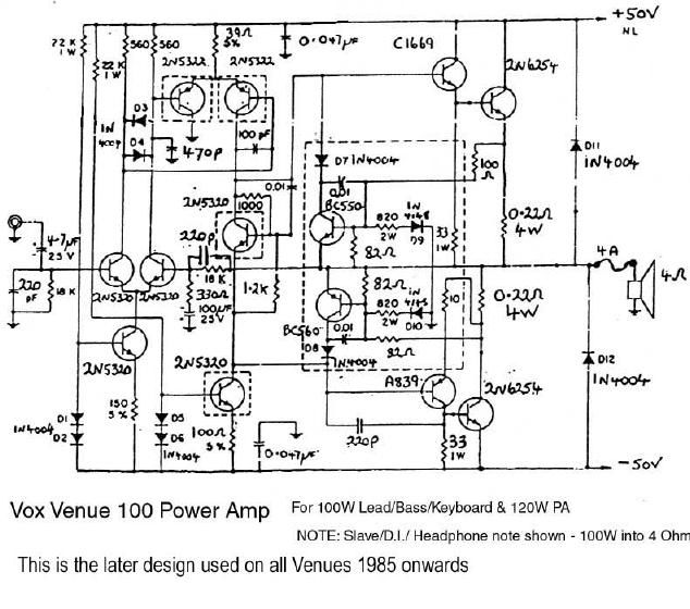 vox venue series 100 later power amp schematic