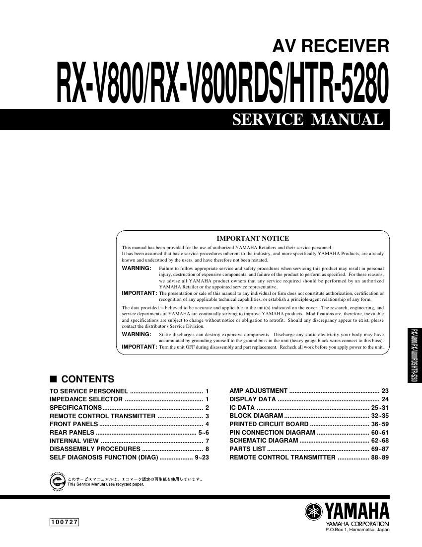 yamaha rx v800 rx v800rds htr 5280 service manual