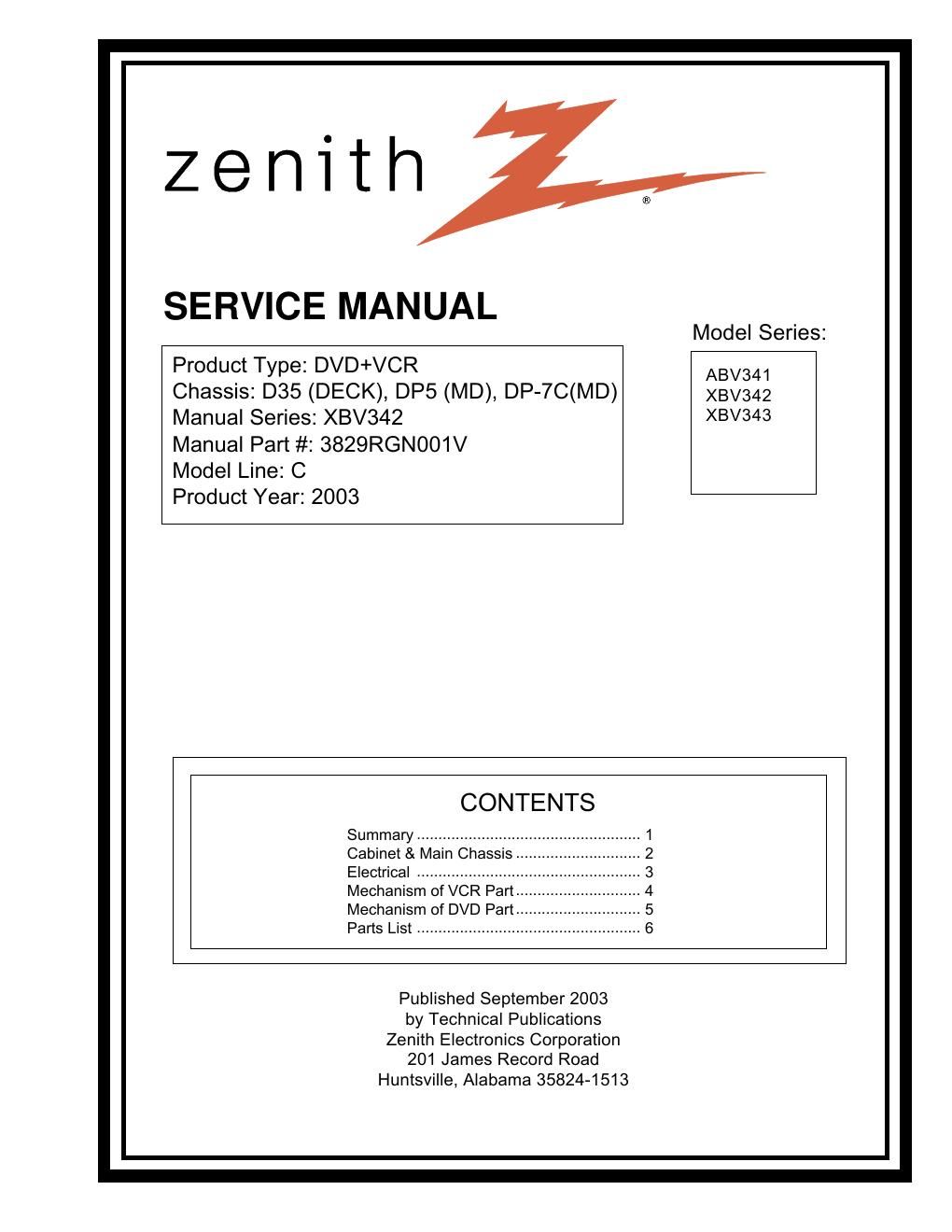 zenith abv 341 service manual