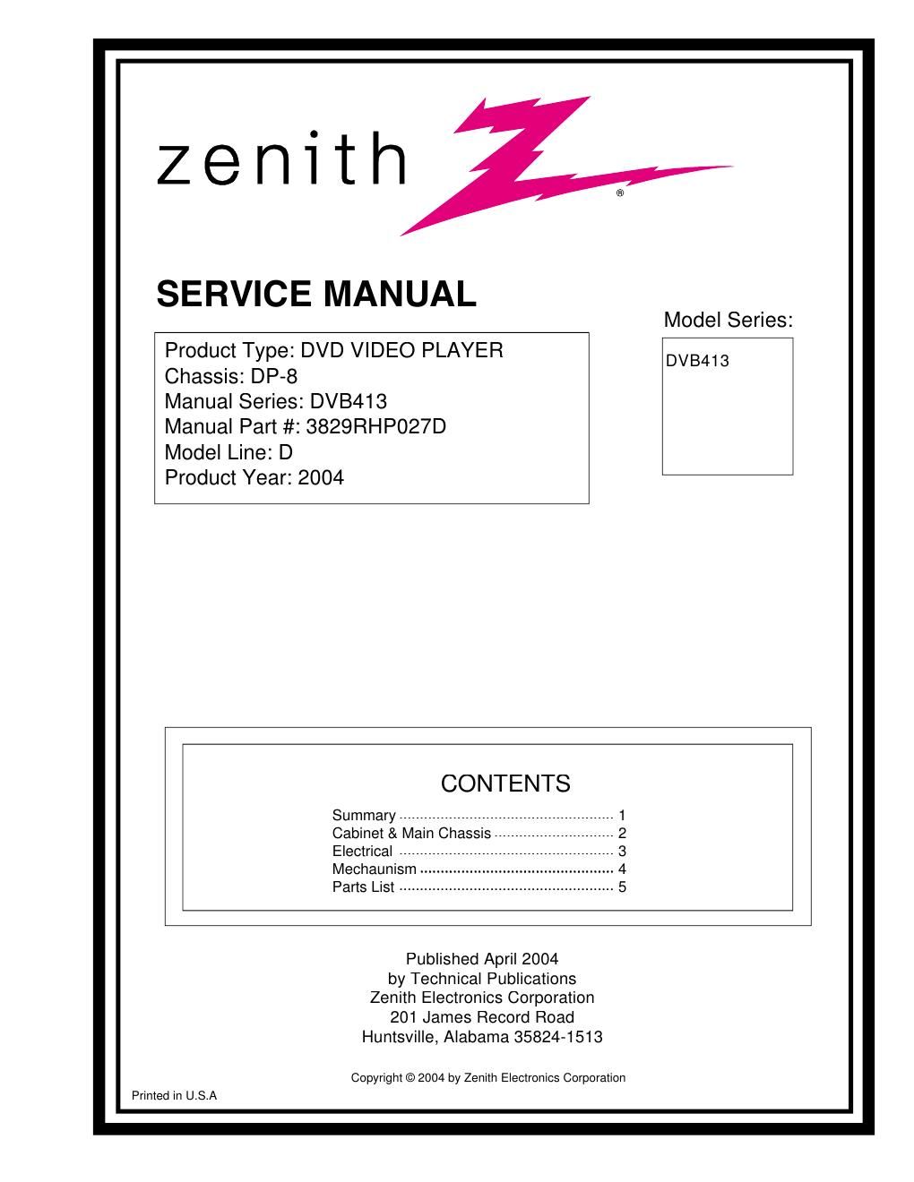 zenith dvb 413 service manual
