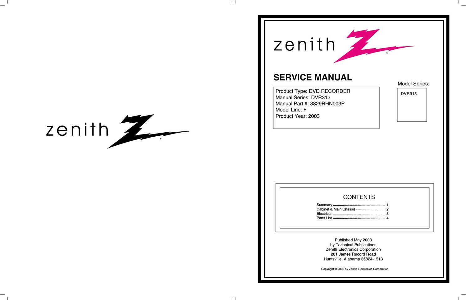 zenith dvr 313 service manual