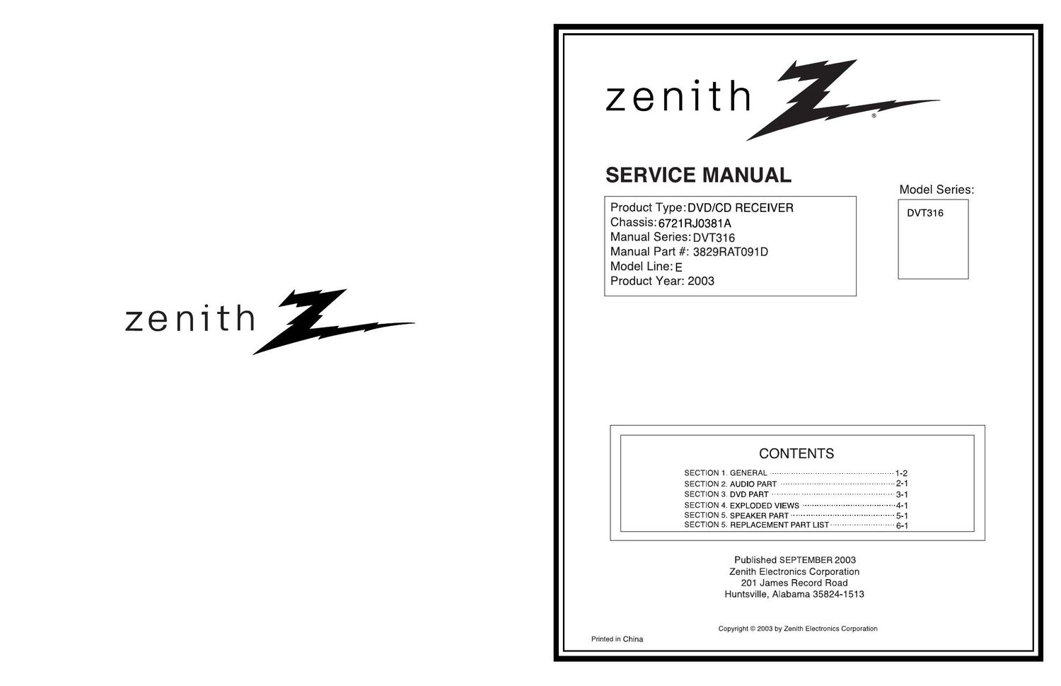 zenith dvt 316 service manual