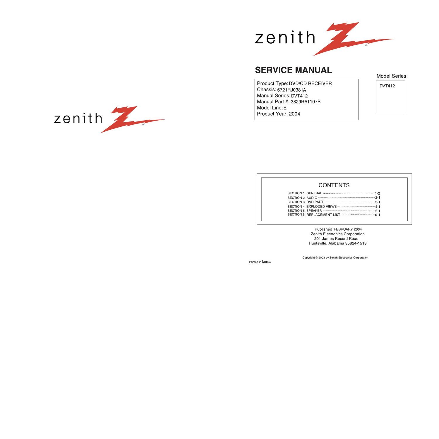 zenith dvt 412 service manual