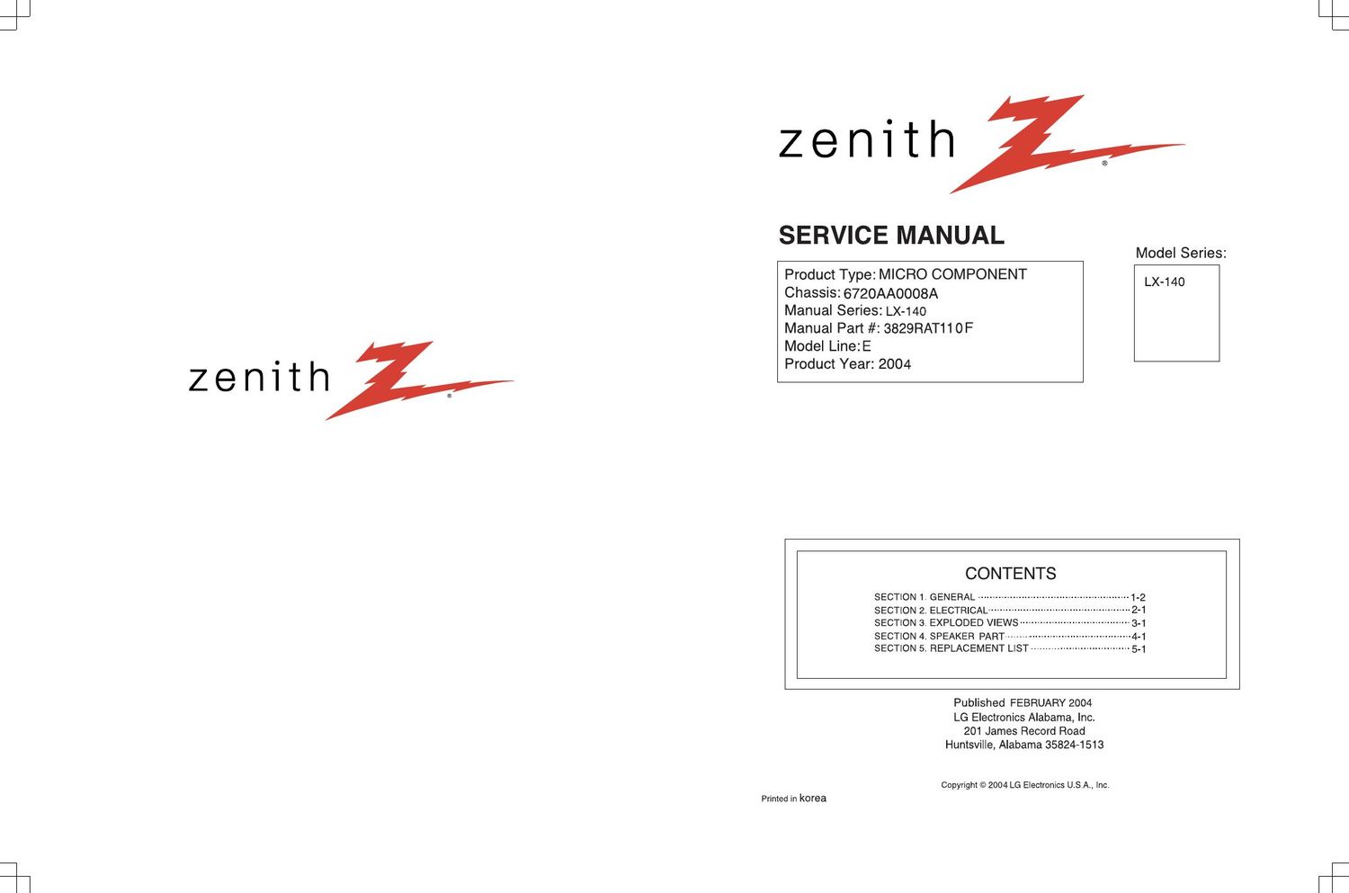 zenith lx 140 service manual