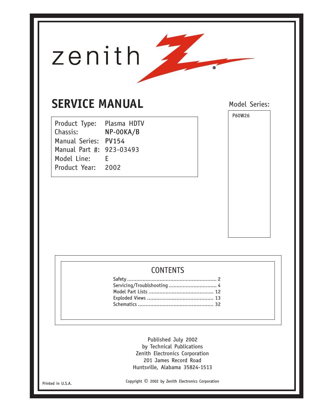 zenith p 60w26 np 00ka service manual