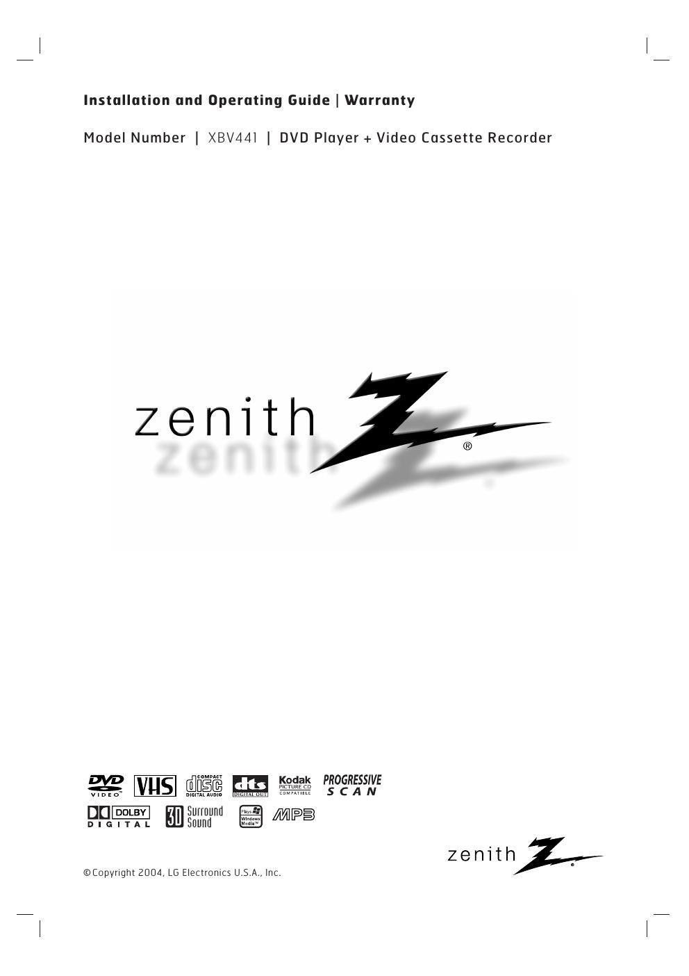 zenith xbv 441 owners manual
