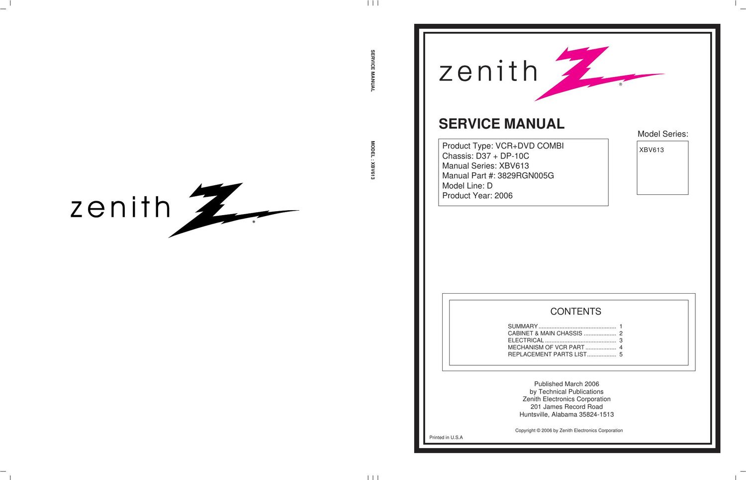 zenith xbv 613 service manual