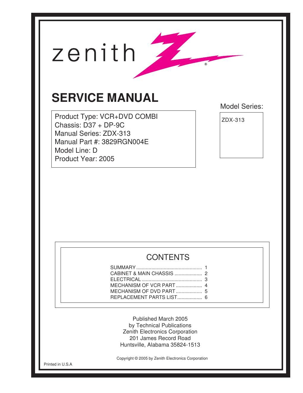 zenith zdx 313 service manual